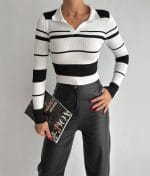 long sleeve collared striped knit top for women