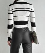 striped collared ribbed knit top black and white back view