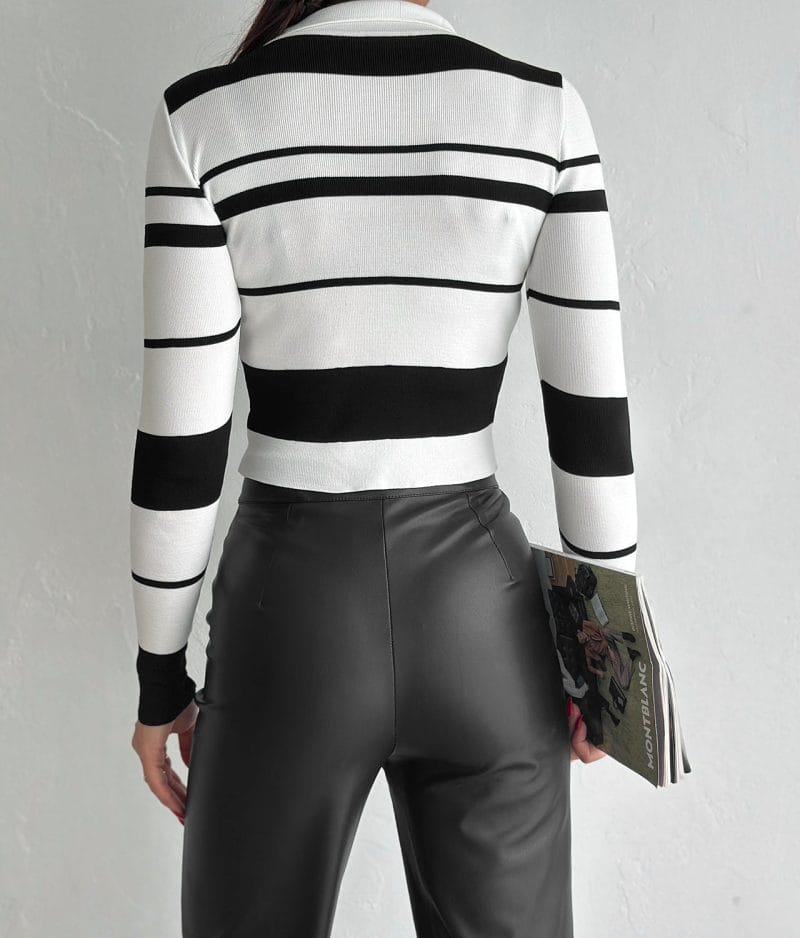 striped collared ribbed knit top black and white back view
