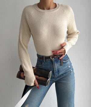 ribbed knit sweater crew neck long sleeve cream
