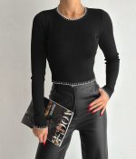 Contrast Stitch Knit Top with crew neck and long sleeves in black for women’s wholesale fashion.