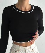 Long sleeve black crop top with white detail – wholesale women's clothing