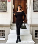 Chic women’s off shoulder ribbed midi knit dress