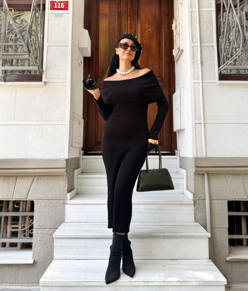 Chic women’s off shoulder ribbed midi knit dress