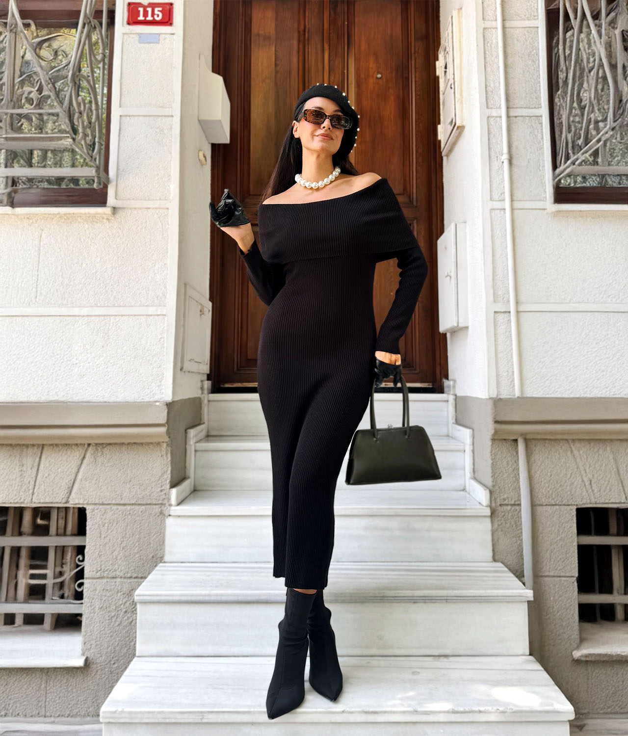 Chic women’s off shoulder ribbed midi knit dress