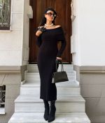 Black ribbed knit midi dress with long sleeves and off shoulder style