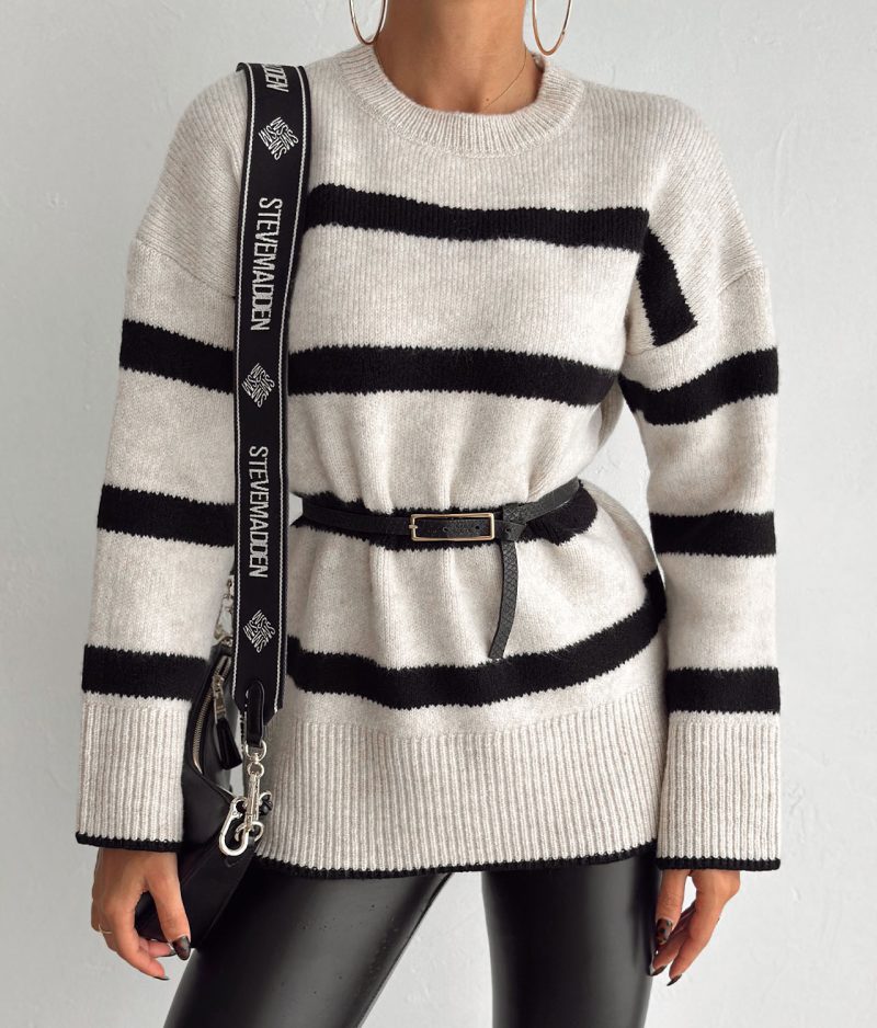 horizontal striped knit pullover detail