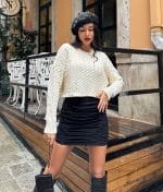 women’s off white cable knit sweater with pearl details
