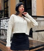 pearl embellished cable knit crop pullover for women