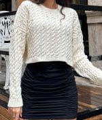 long sleeve off white knit sweater with pearl accents