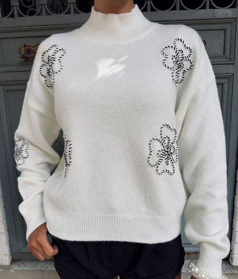 close-up of floral embroidered sweater details