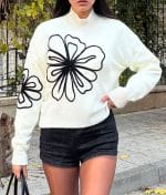 Women’s white and black floral embroidered knit pullover for wholesale fashion