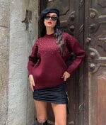 Pearl Embellished Knit Sweater in Burgundy – Long Sleeve Pullover Front View
