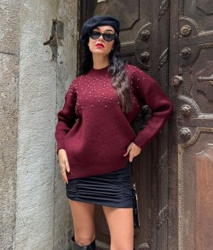 Pearl Embellished Knit Sweater in Burgundy – Long Sleeve Pullover Front View
