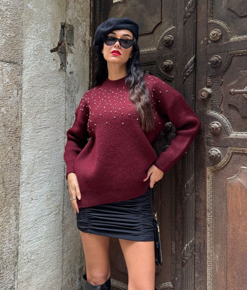 Pearl Embellished Knit Sweater in Burgundy – Long Sleeve Pullover Front View