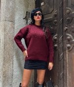Burgundy Knit Sweater with Elegant Pearl Detailing on Chest Area