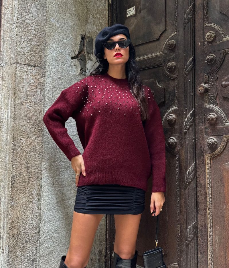 Burgundy Knit Sweater with Elegant Pearl Detailing on Chest Area