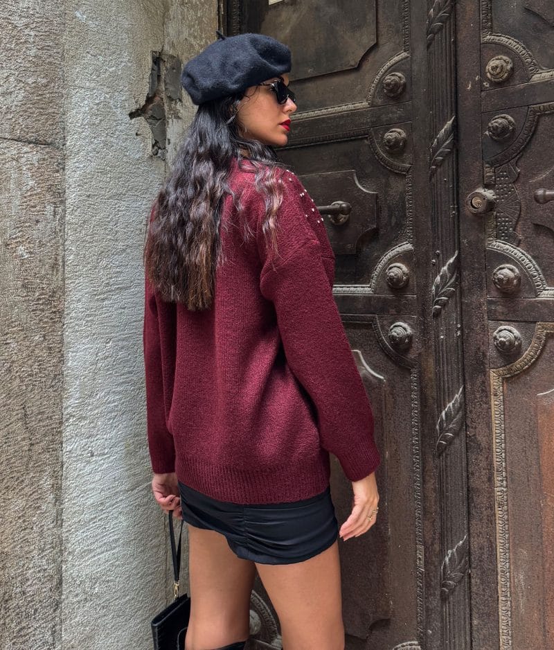 Wholesale Women's Burgundy Knitwear – Pearl Embellished Pullover Design