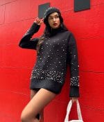 Pearl Embellished Knit Sweater black long sleeve pullover front view