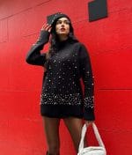Black knit sweater with pearl embellishments for women wholesale