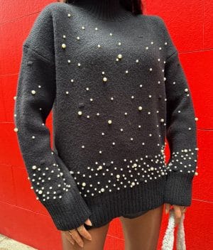 Wholesale black pearl embellished sweater stylish winter wear