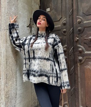 Abstract Plaid Fuzzy Knit Sweater front view