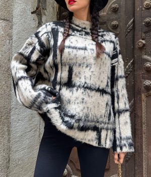 Abstract Plaid Fuzzy Knit Sweater soft texture close-up