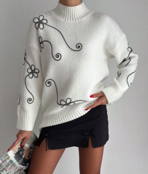 floral embroidered knit sweater front view