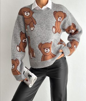 teddy bear pattern knit sweater front view