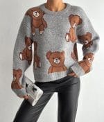 women’s grey pullover with brown teddy bear design