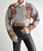 long sleeve knit sweater with teddy bear motif
