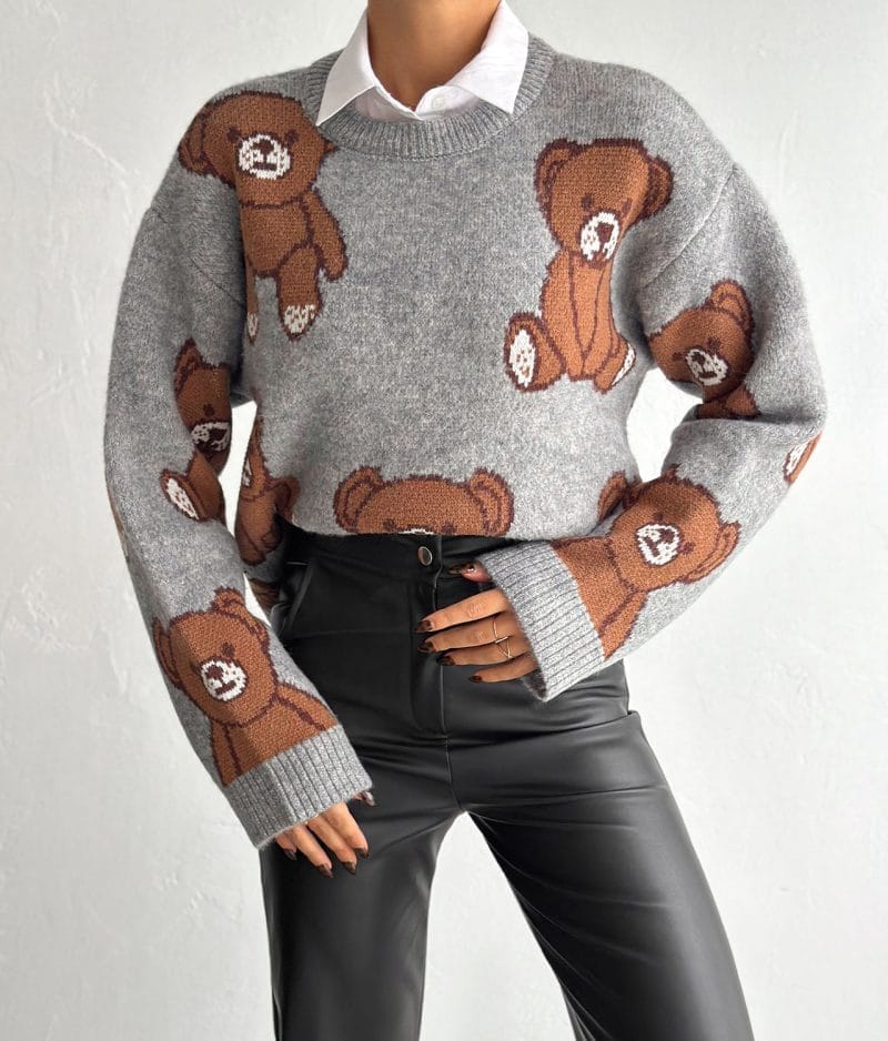 long sleeve knit sweater with teddy bear motif