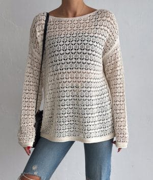 cream crochet pullover with open knit pattern