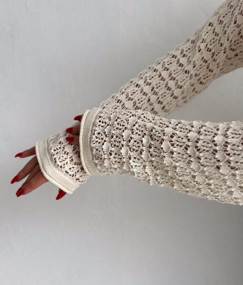 close-up of crochet knit texture on sweater
