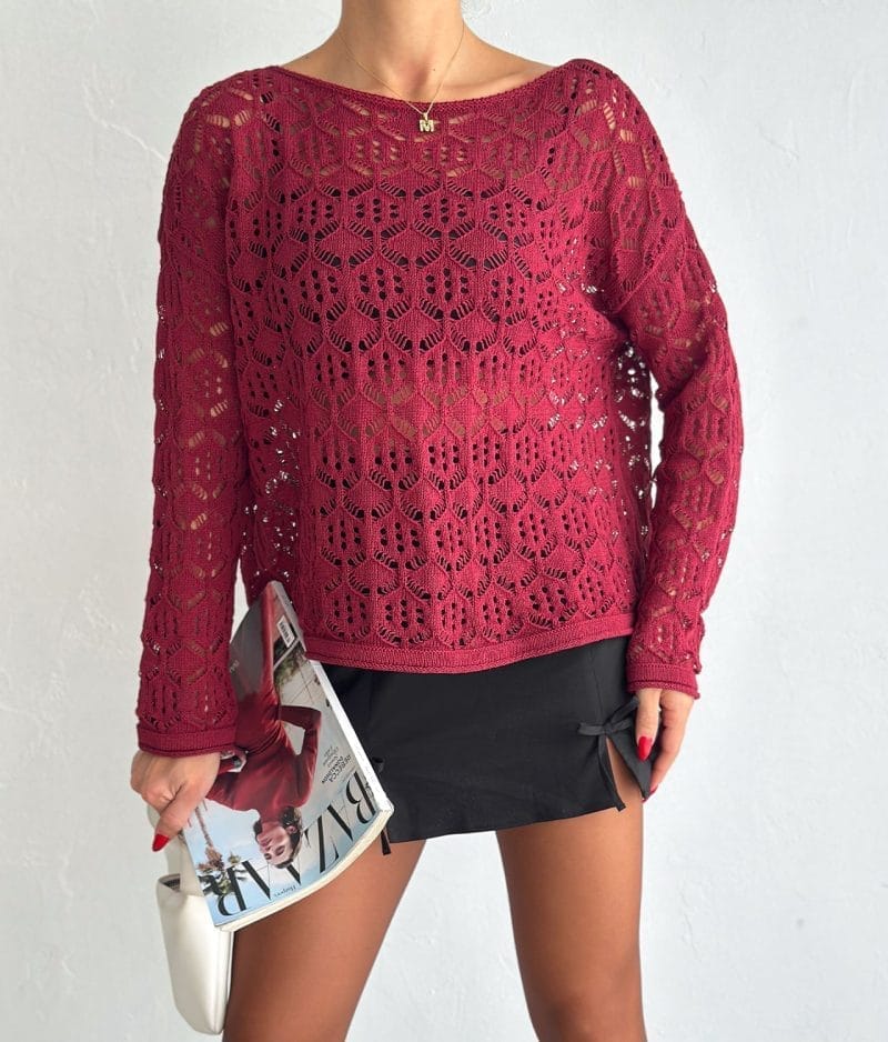 burgundy geometric crochet pullover with open knit design