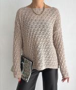 beige chevron design crochet pullover with open knit style