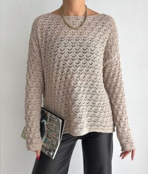 beige chevron design crochet pullover with open knit style