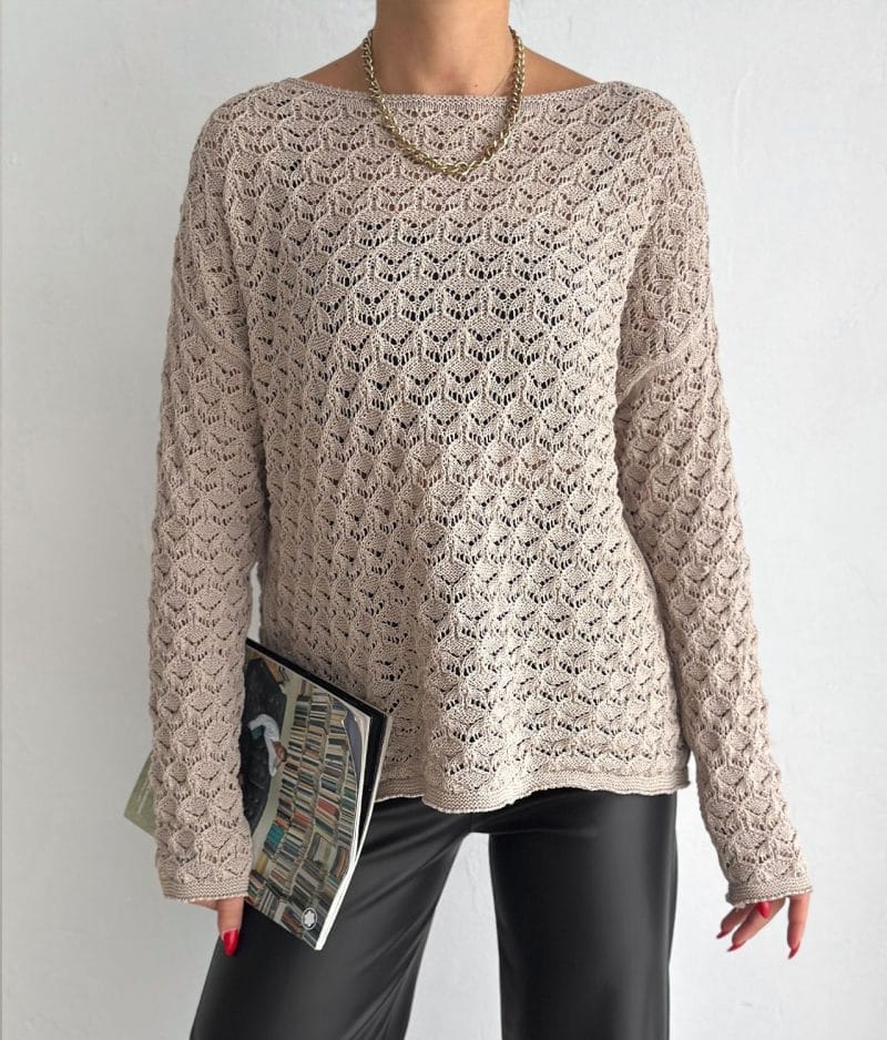 beige chevron design crochet pullover with open knit style