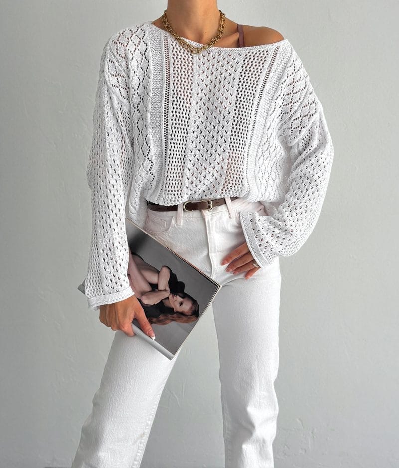 women’s white long sleeve pullover with mixed knit design