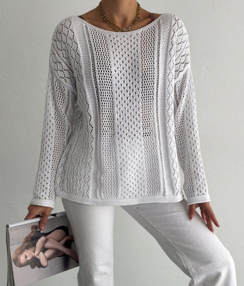 open knit mixed pattern sweater front view