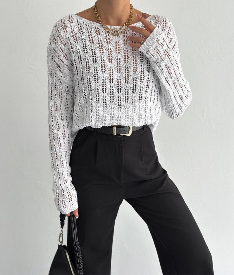 open knit vertical wave pattern sweater front view