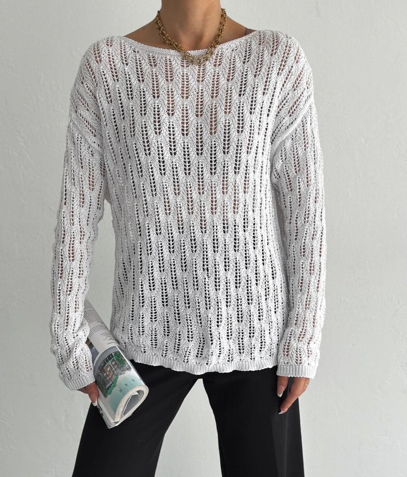 model wearing vertical wave open knit sweater