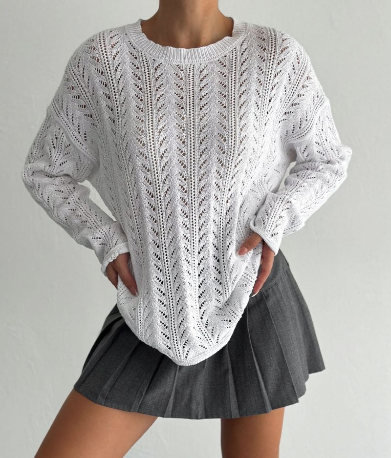 women’s white chevron stripe open knit pullover