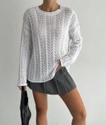 75145-Open Knit Chevron Stripe Pattern Sweater-Long Sleeve Pullover-White-3 long sleeve chevron stripe knit sweater side profile