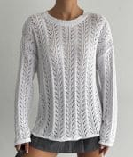 75145-Open Knit Chevron Stripe Pattern Sweater-Long Sleeve Pullover-White-4 close-up of chevron stripe open knit texture