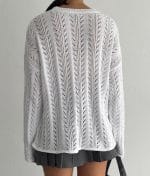 75145-Open Knit Chevron Stripe Pattern Sweater-Long Sleeve Pullover-White-5 model styling white open knit chevron stripe sweater