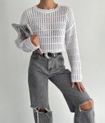 long sleeve open knit striped sweater close-up