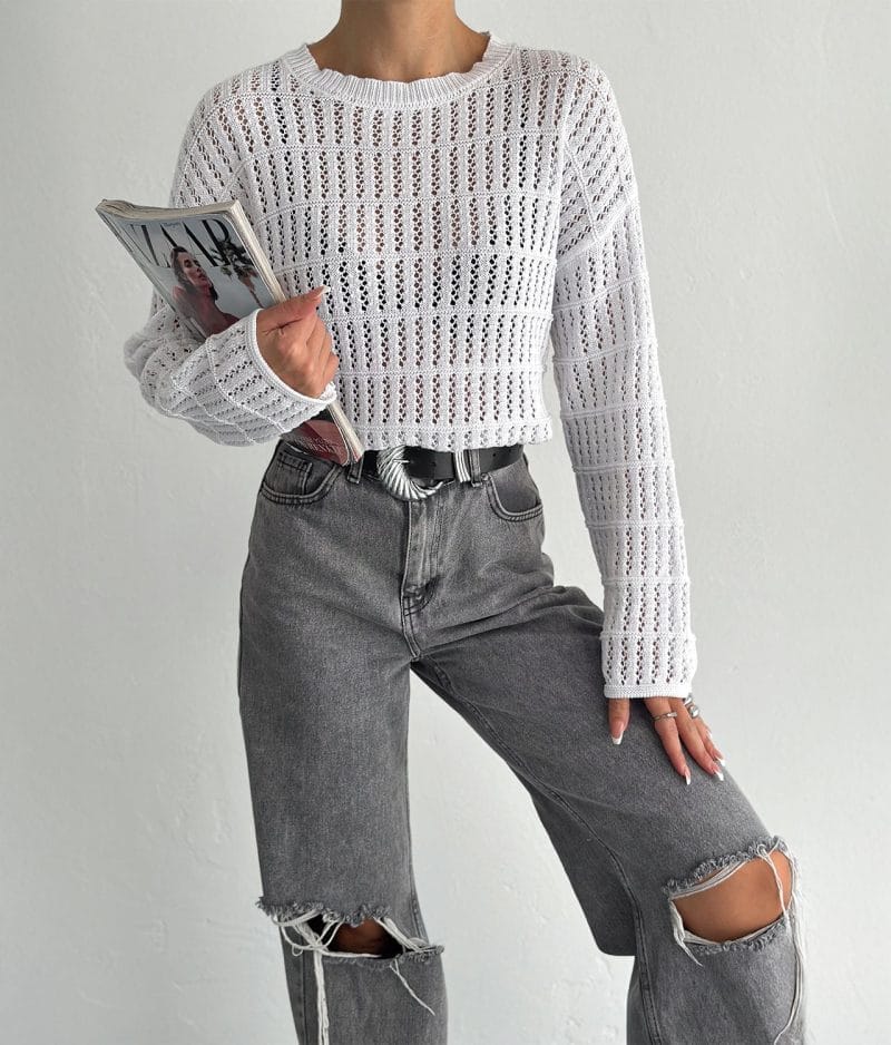 long sleeve open knit striped sweater close-up