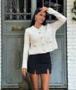 Textured knit button front cardigan front view