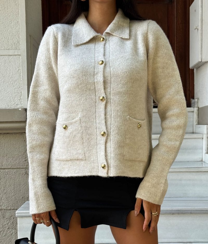 collared knit button front cardigan front view